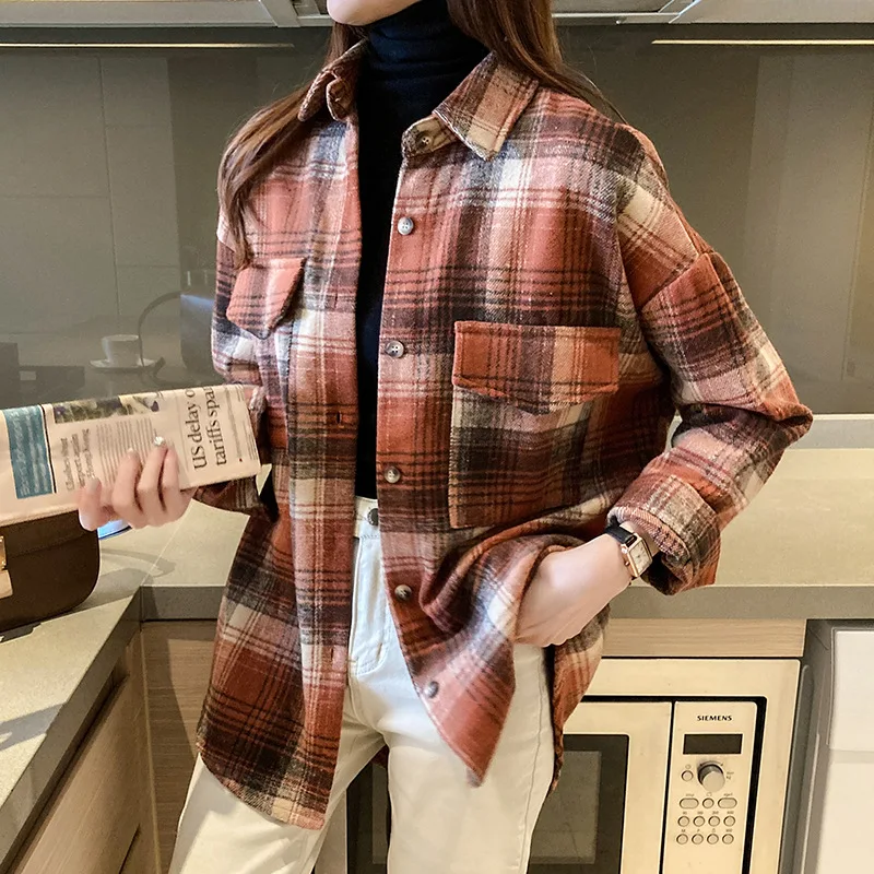

Loose Plaid Shirts Women Autumn Retro All-Match Outerwear Turn-Down Collar Coat Long Sleeve Pockets Thick Fashion Casual Jacket