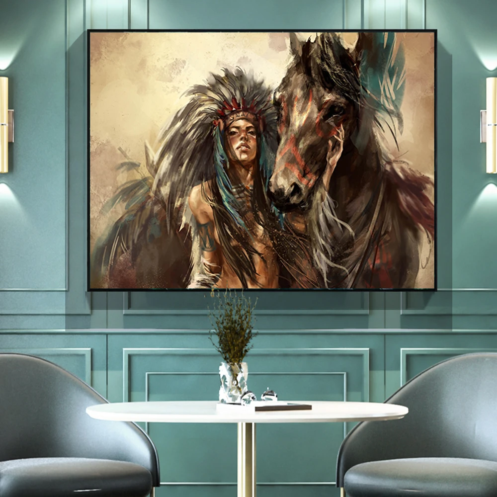 HDARTISAN Настенная картина на холсте Девушка индийская фигурка перьями для гостиной