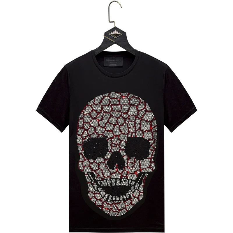 

Plus Size 6XL 2021 Skulls Rhinestones T Shirts Men Brand Short Sleeve Fashion Man Streetwear O Neck Slim Modal Cotton Tshirts