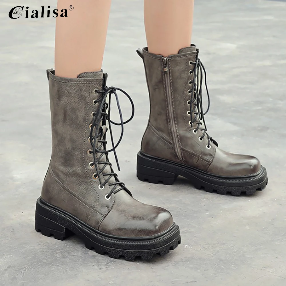spesifikasi CIALSIA Sepatu Wanita Round Toe Renda Tumit Tebal Boots 2020 Fashion Baru Desain Mid Tumit Zipper Pendek Plush Hangat Platform Boots
