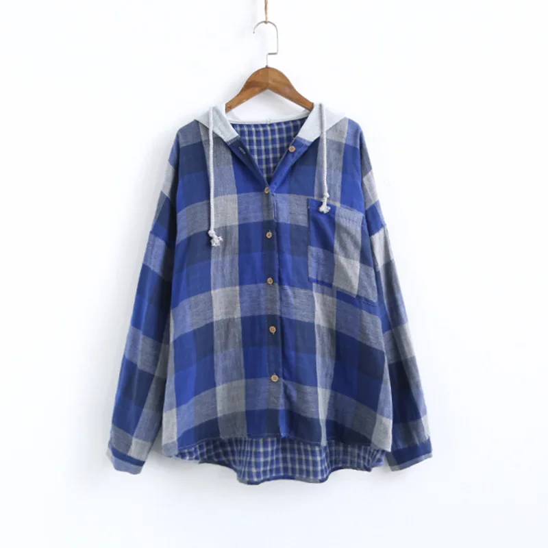 Blue Plaid Johnature, женские рубашки в клетку с капюшоном, свободные блузки, осень, Новые Карманы, 6 цветов, женские топы, длинный рукав, пуговицы, винтажные рубашки - Цвет: Blue Plaid