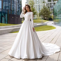 charming long sleeves floor length wedding dress for formal bride zipper back boat neckline bridal party gowns simple white
