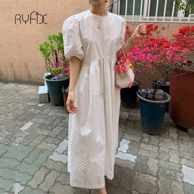 

RYFIX Women Long Dress 2021 Summer Casual O-neck Puff-Sleeve Dots Elegant Female Dress Ladies Loose Casual Party Vestidos Femme