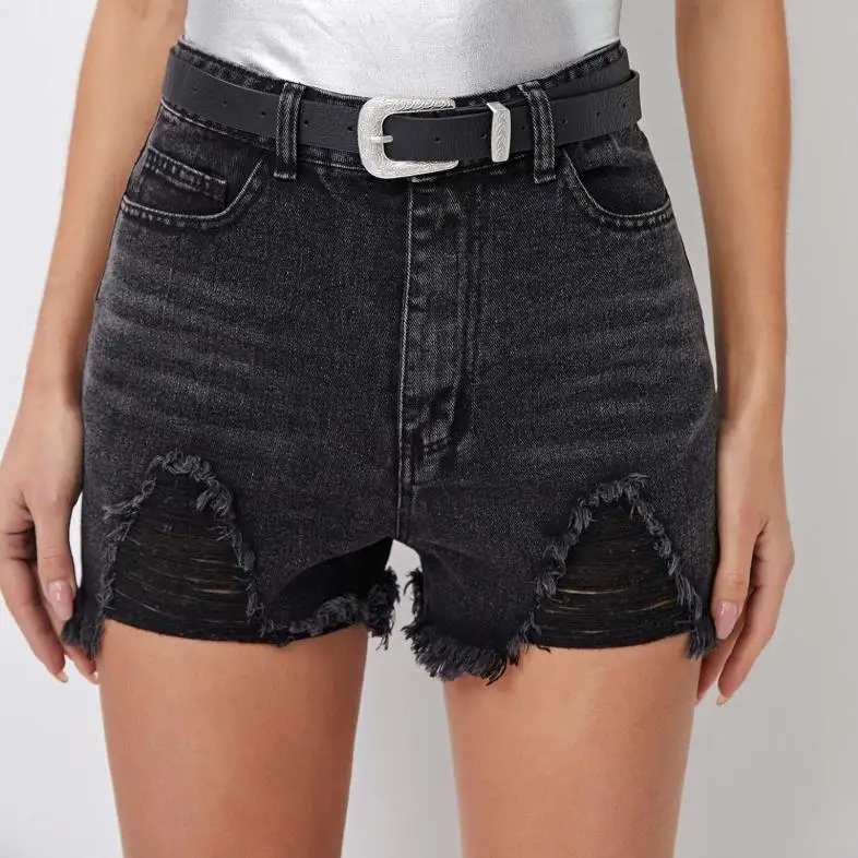 

Female Denim Shorts, Adults Solid Color High Waist Ripped Jeans Close-Fitting Pants for Summer, Black, XS/S/M/L