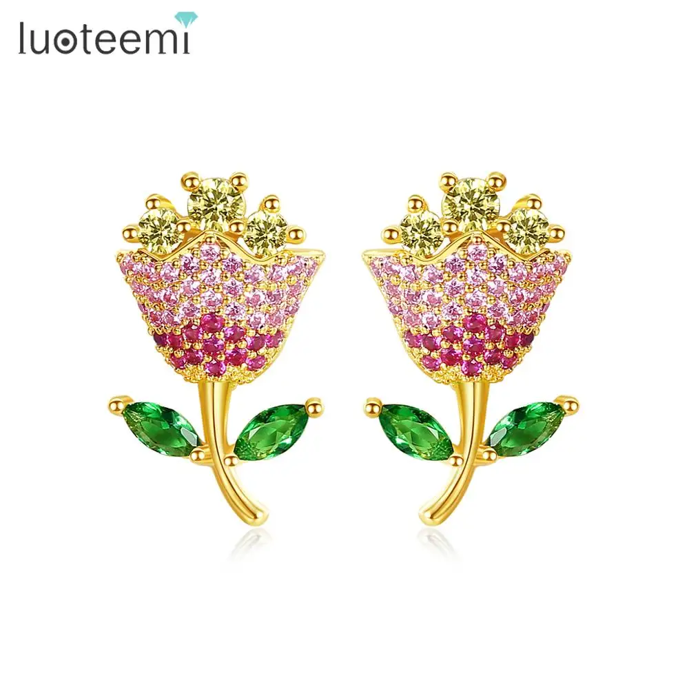 LUOTEEMI серьги гвоздики в виде цветка для женщин разноцветный кубический цирконий