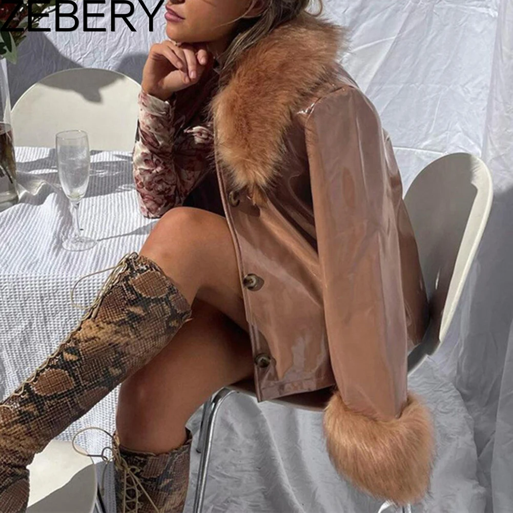 

ZEBERY 2021 Black PU Leather Jacket Women Turn Down Faux Fur Autumn Winter Green Brown Long Sleeve Fashion Coat Cropped Casual