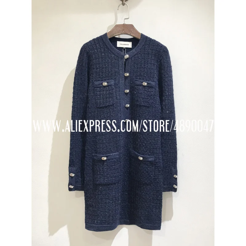 

Elegant ladies temperament gold thread inlaid wool special yarn knitted long-sleeved dress high-quality sweater dress