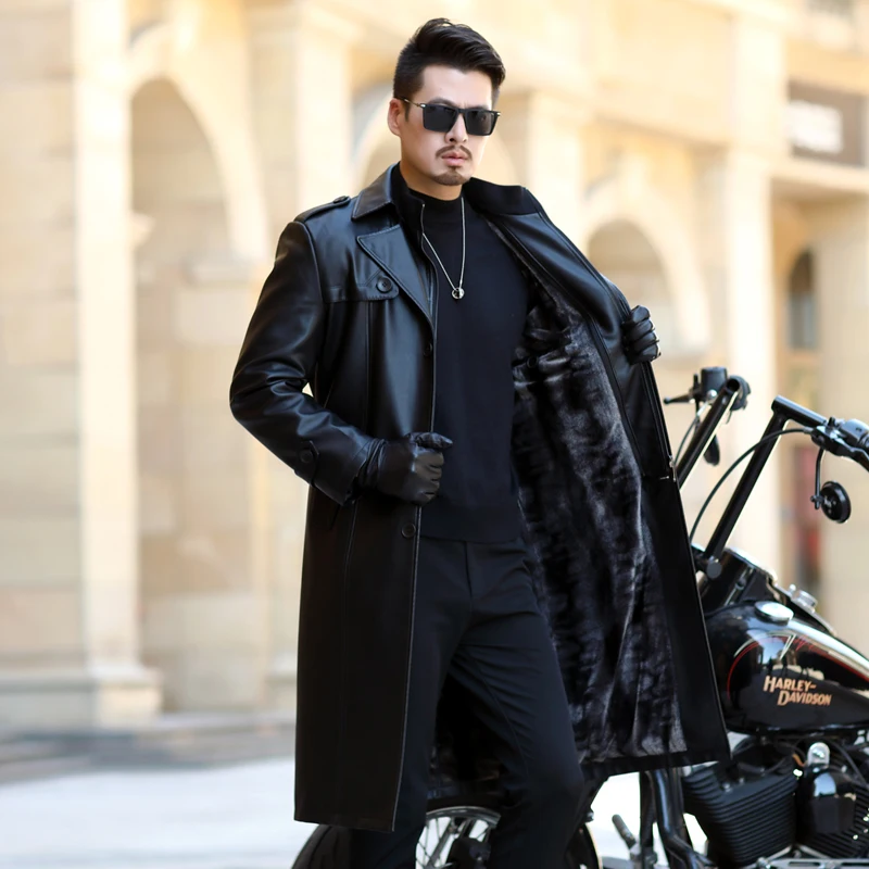 

Windbreaker New Long Autumn Men Coat PU Jackets Male Single Button Leather Jacket