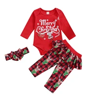 toddler infant baby girls christmas clothes set letter printed long sleeve romper pants and bowknot headband 0 24 months