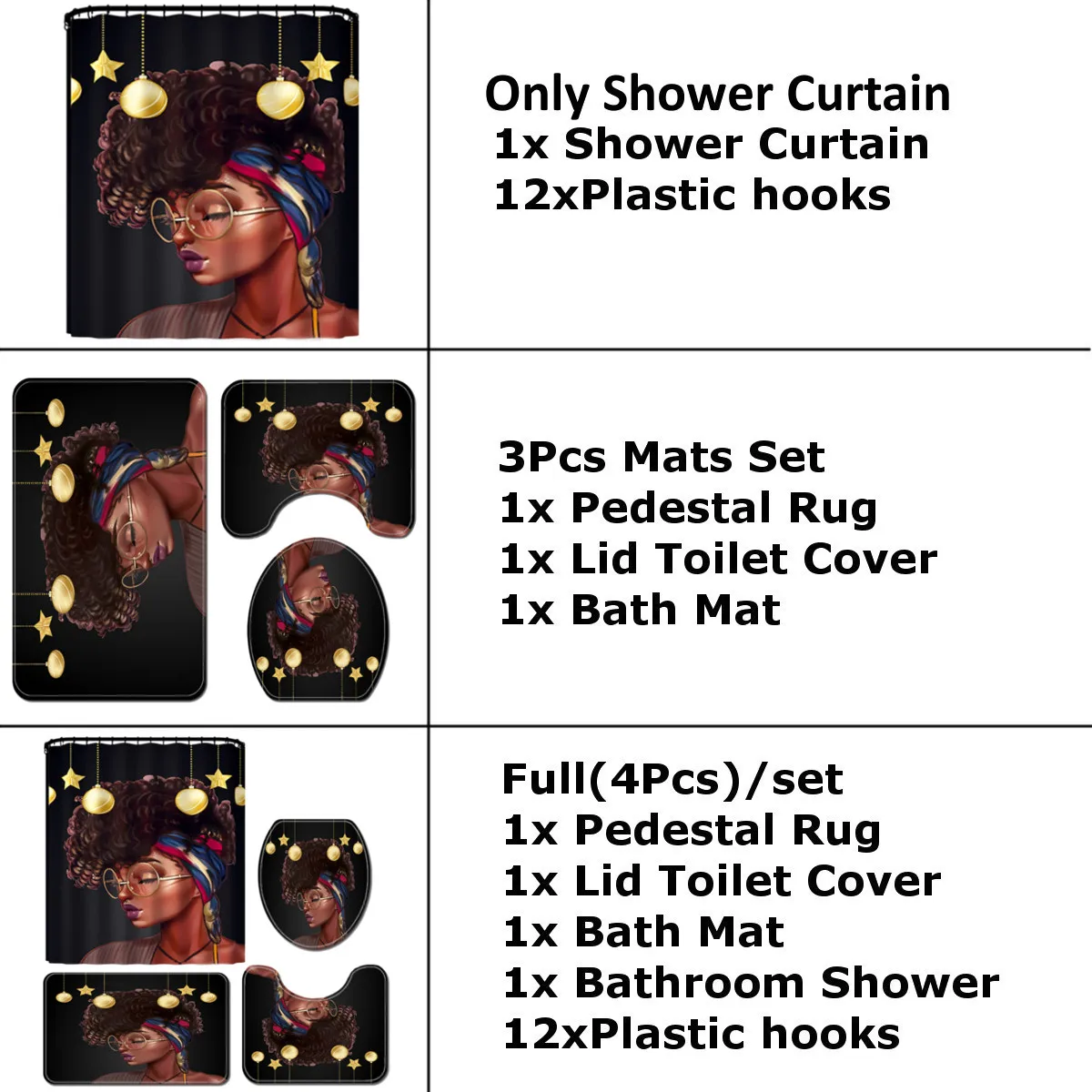 

4Pcs/Set Sexy Lovely Girl Bathroom Curtains Afro Lady Shower Curtain African American Toilet Cover Bath Mat Non-Slip Rug Set