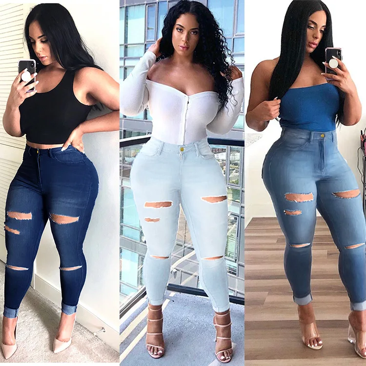 

Women's high-waisted slim denim jeans cut-out elastic leggings casual collection