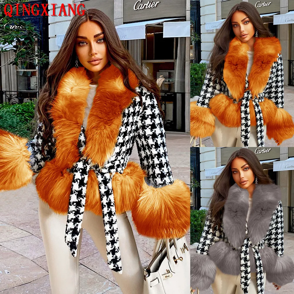 

S-2XL 2021 Winter Warm Plus Size Slim Houndstooth Plush Coat Women Big Faux Fur Collar Cardigan Ladies Thick Short Fur Coat