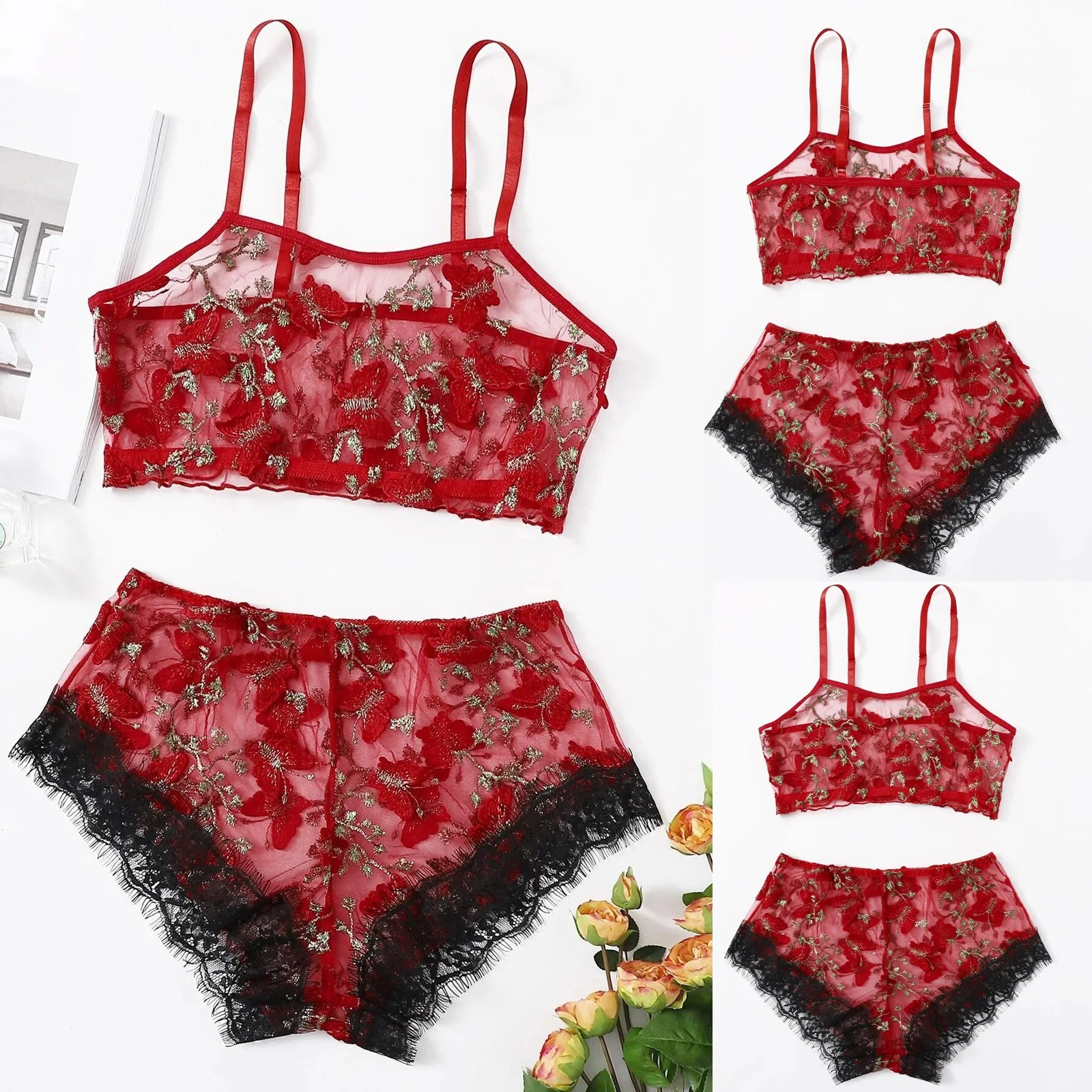 

Butterfly Embroidery Lace Lingerie Set Women Camisole Bra+Thong Set Pajamas Summer Seductive Soft Homesuit