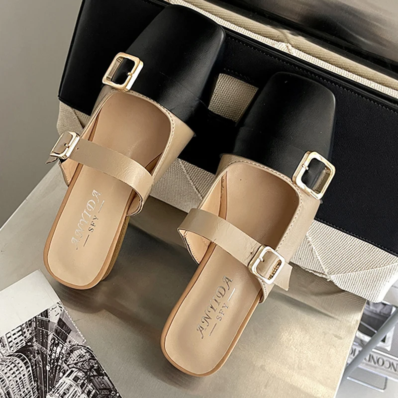 

2021 Mules Slippers Flats With Shoes Ladies Fashion Flip Flops Slides Summer Square Heels Mixed Colors Slippers Flats Shoes