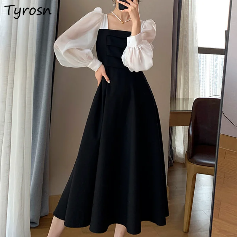 

Women Midi Dresses Elegant Vestidos Square Collar Patchwork Design Mujer French Style Stylish Chic Folds Temperament Puff Sleeve