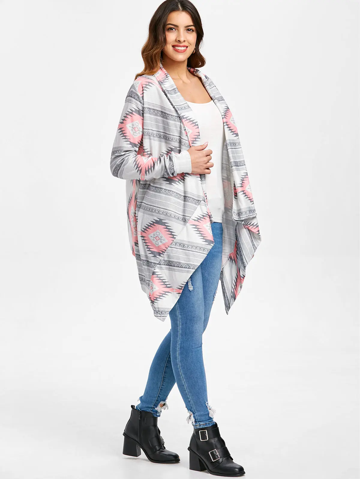 Women Cardigans Geometric Printed Long Sleeve Asymmetric Cardigan Sweater Female Clothes Ladies Tops Knit Outwear |