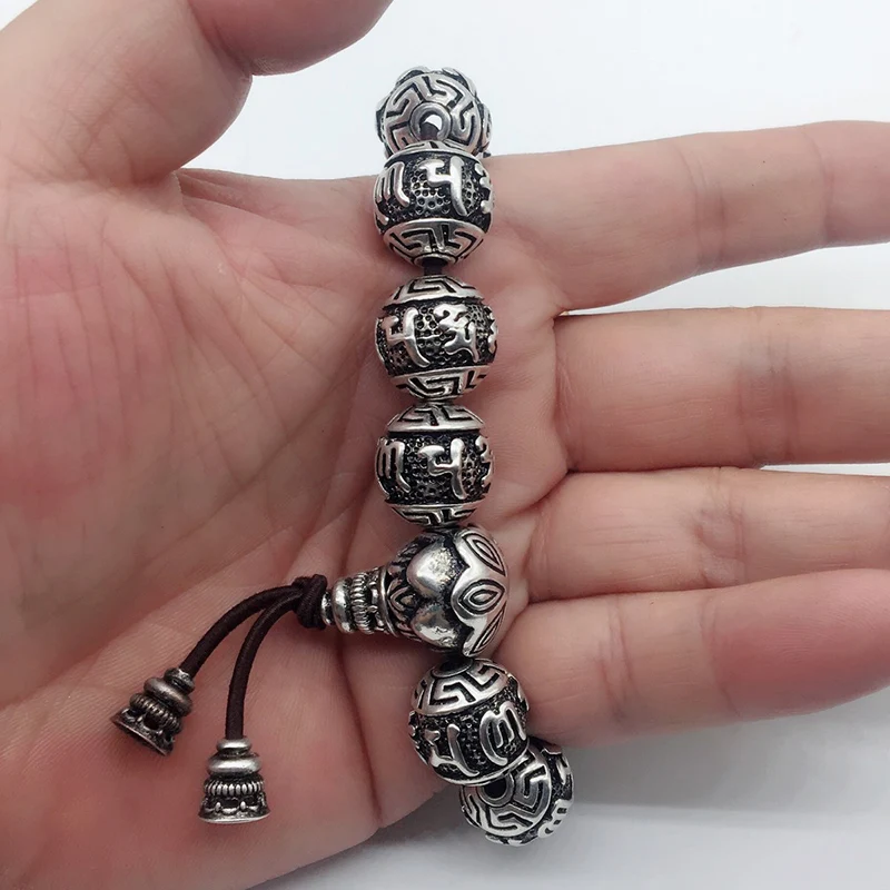 Ретро винтажный тибетский серебряный буддизм браслет с мантрой мужской амулет