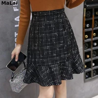 korea vintage plaid tweed skirts autumn zipper wool skirt women knee length high waist mermaid skirt midi loose office lady w202