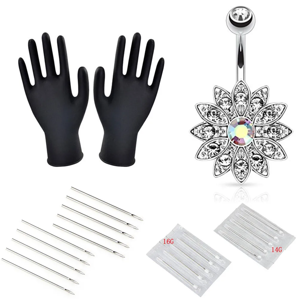 Belly Piercing Tool Kit Bar Nose Ear Lip Eyebrow Maker Needle Gloves Set 14/16G Body Piring | Украшения и аксессуары