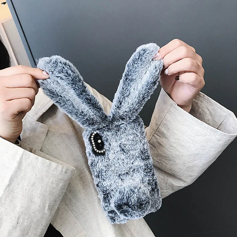 

Cute Rabbit Ears Warm Fur Case For Samsung A8S A6S M10 M20 M30 M80S S10 Note 10 Lite 2020 Plush Soft Silicone Phone Shell Coque