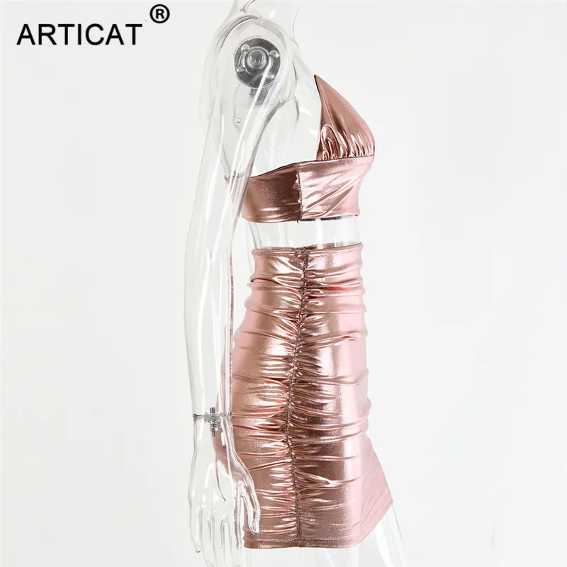 Articat/комплект из двух предметов; пикантные вечерние мини-платья; женское Плиссированное обтягивающее солнечное платье на бретельках; женское розовое Повседневное платье для ночного клуба