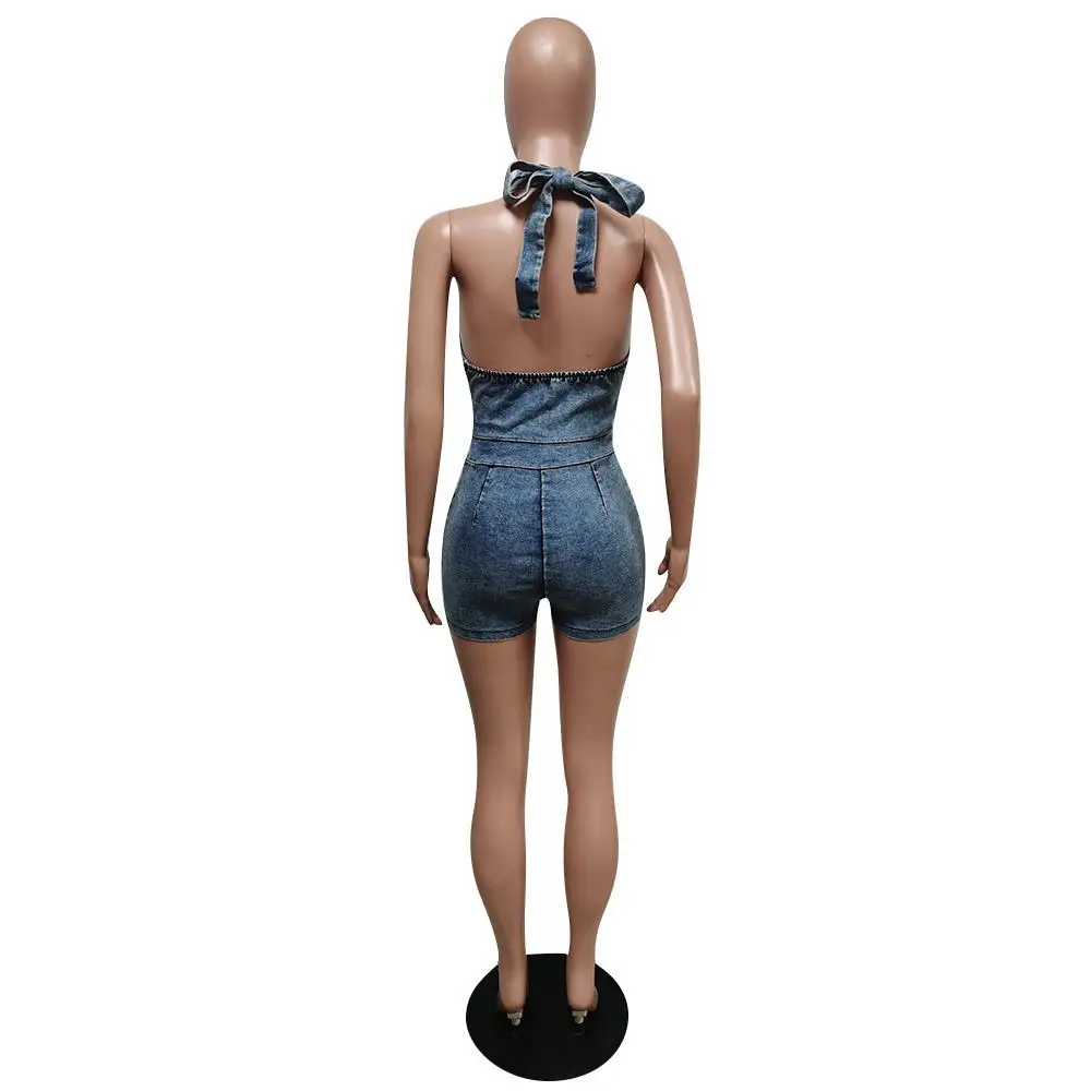 

Women Halter Backless Button Design Sexy Denim Romper Plus Size