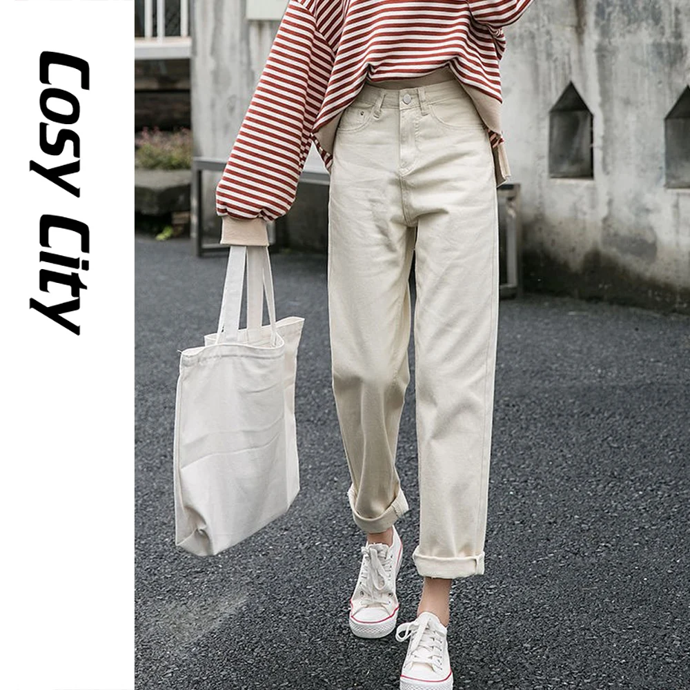 

2021 New Korean Fashion White Baggy Jeans High Waist Pants For Women Girls Straight Leg Denim Lady Trousers