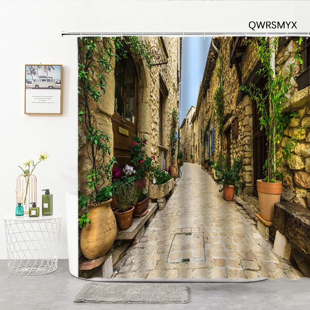 

Japanese Small Fresh Romantic Street 3D Bathroom Curtain Town Streets Landscape Shower Curtains Washable Fabric Bathroom Product