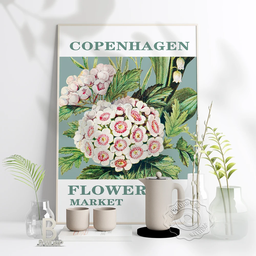 

Copenhagen Flower Market Art Poster, Northern Vintage Flower Print Poster, Vintage Floral Leaf Wall Art Flower Shop Home Decor