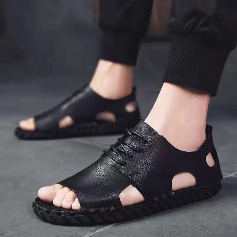 

Retro Summer Men's Sandals Fashion Peep toe Outdoor Beach Shoes Man Lace Up Hollow Out Casual Comfortable Non-slipShoes