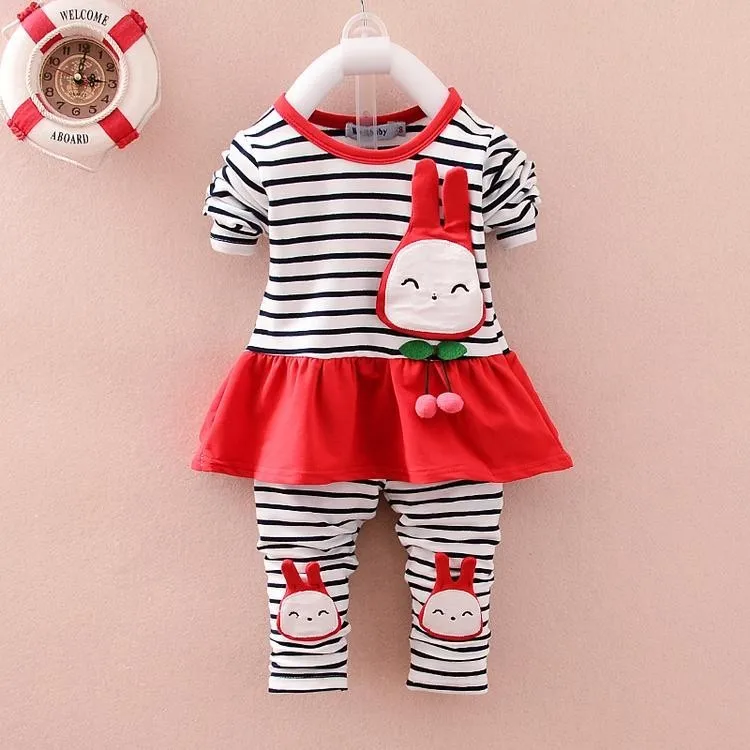 

2020 Spring Autumn Clothing Set Baby Girls Toddle Striped Coat Leggings Cotton Cartoon Rabbit Long Sleeved T Shirt Pants Clothes