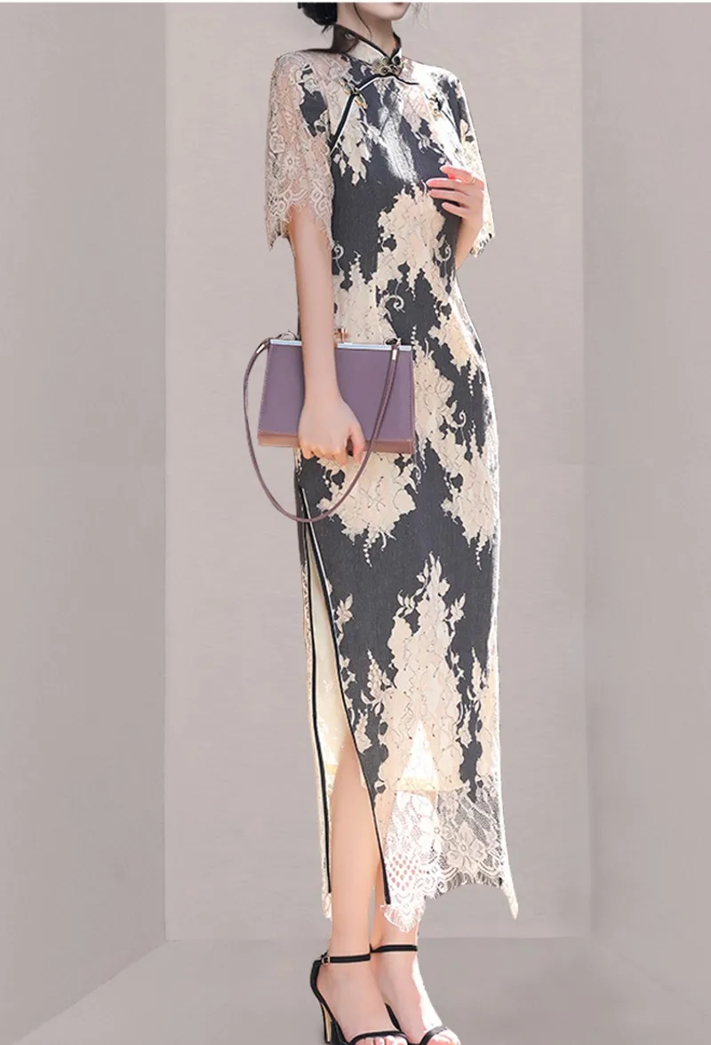 

2021 summer Elegant Womens Sexy Black Lace Hollow Fashion Sheath Pencil Bodycon Dress Vestidos