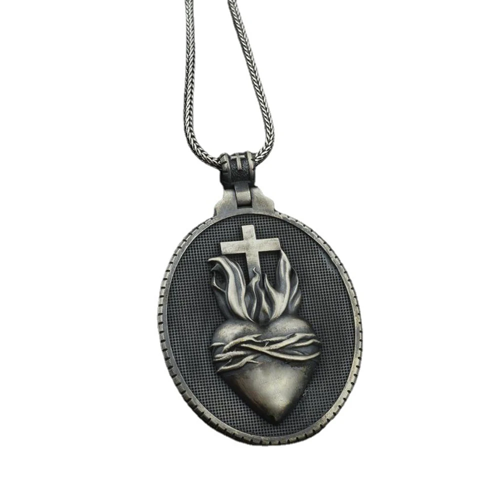 

Christian Jesus Sacred Heart Medal Round Cross Pendant Necklace Men's Catholic Religious Pendant Chain Necklace goth chains