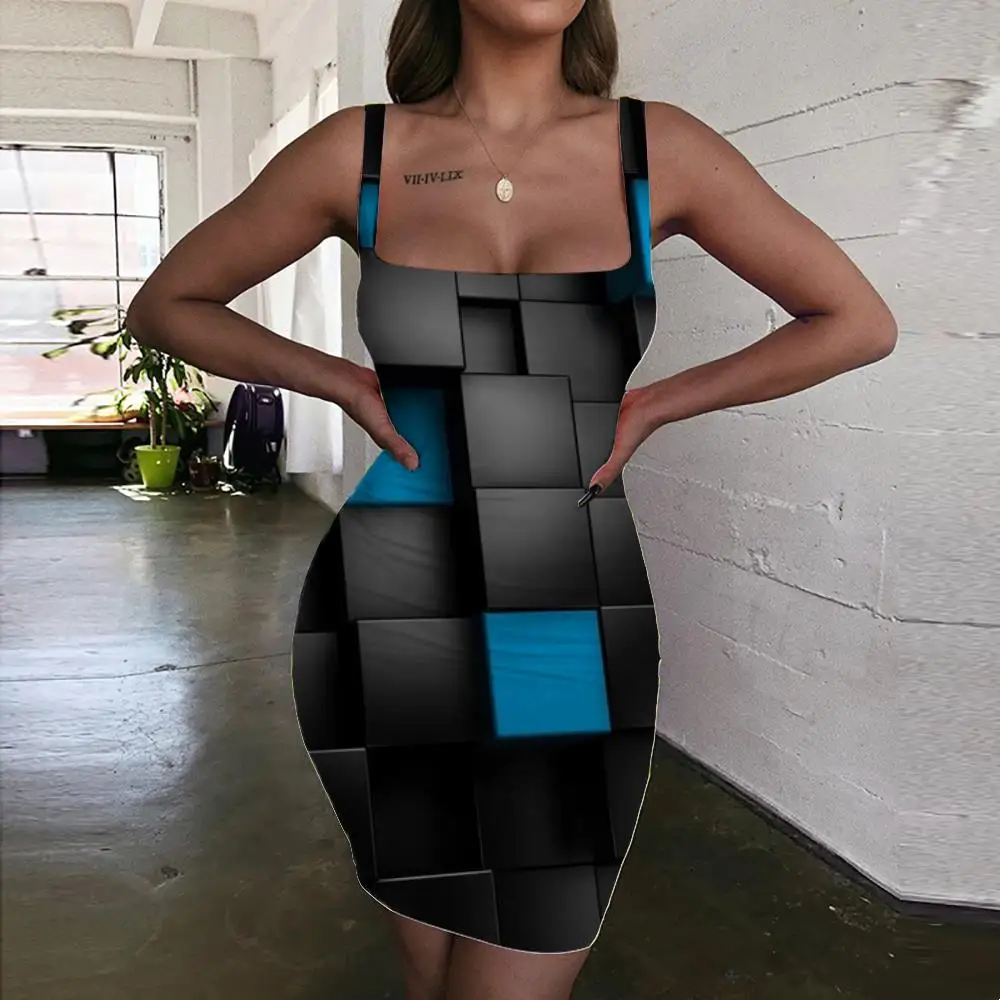 

Giyu Brand Cube Dress Women Geometry Sundress Abstract Bodycon Dress Psychedelic Halter Sleeveless Womens Clothing Club Beach