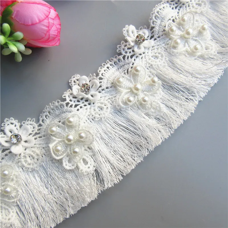1 ярд белая кисточка бахрома кружевная отделка Алмазная жемчужная Цветочная