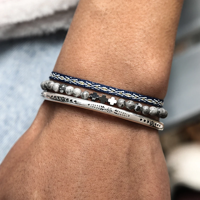 Tibetan Buddhist Fish Pattern Cuff Bracelet Natural Stone Yoga Beads Bangle Lucky Friendship Rope Chain Jewelry Gifts