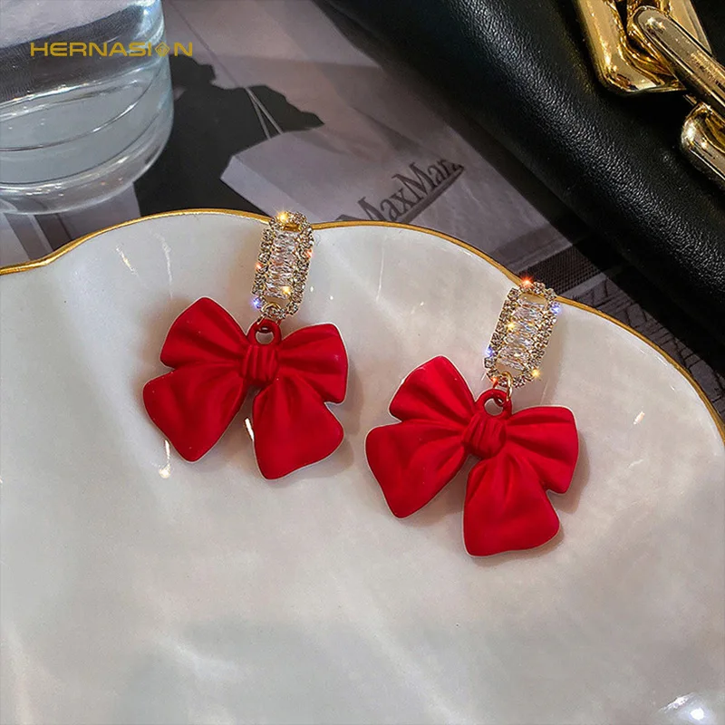 

Hernasion Red Black Bowknot Dangle Drop Earrings for Girl Korean Sweet Women Jewelry Shiny Crystal Zirconia Christmas Earings