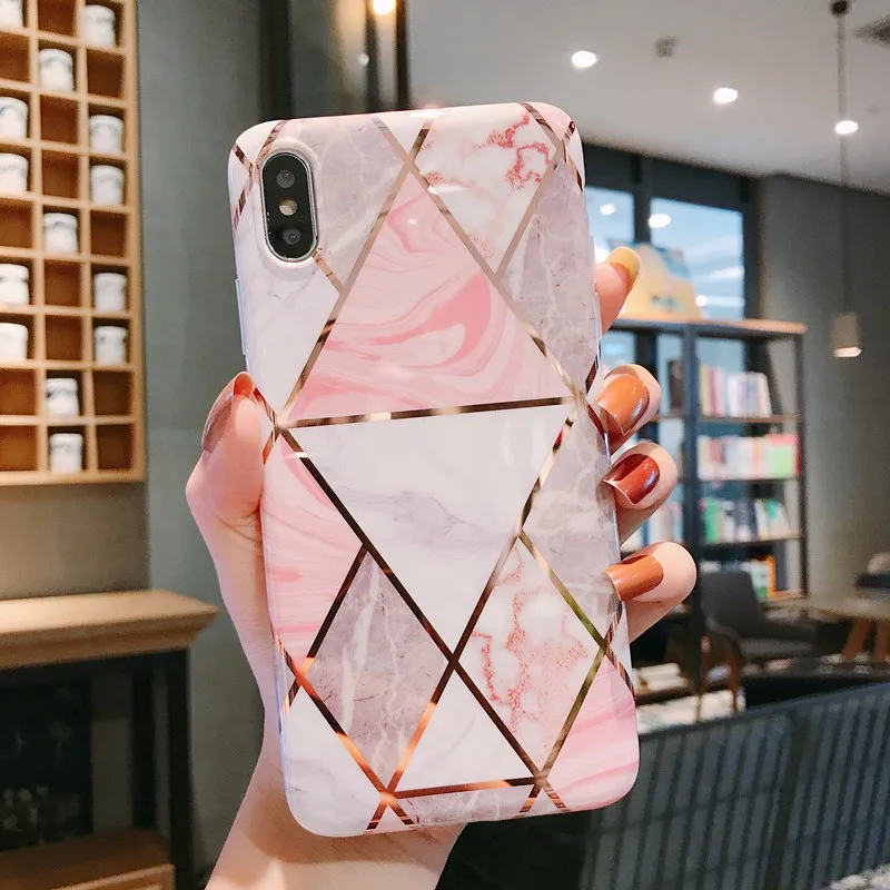 Geometric Marble Diamond Phone Case for iPhone XR X 10 XS Max 6 6S 7 8Plus 11 Plating Strip Soft Silicone Cover Coque |