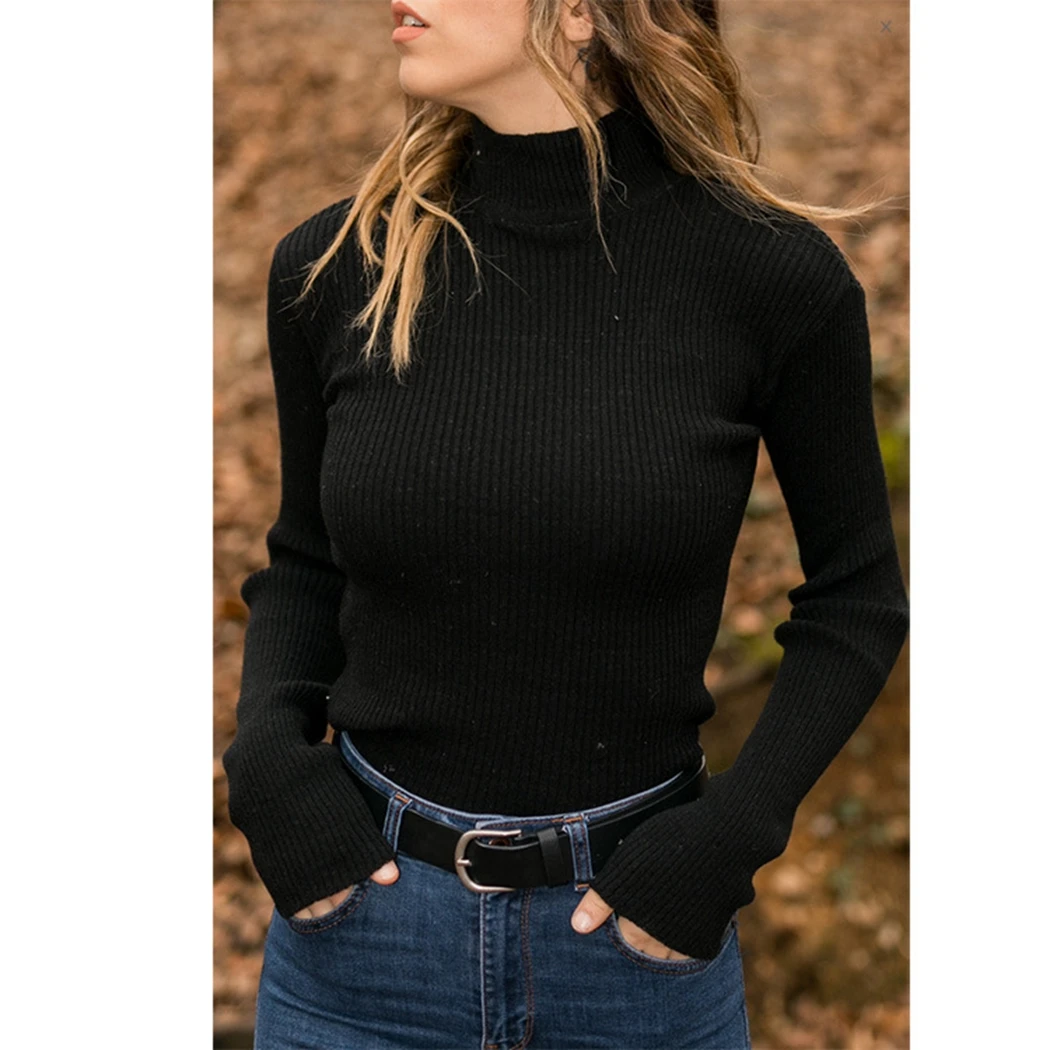 2019 Autumn Winter Casual Turtleneck Knitted Sweaters Women Long Sleeve Slim-Fitting Ladies Solid Pullover Tops | Женская одежда