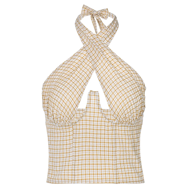 

Plaid Women Halter Hollow Out Backless Bustier Corset Tank Top 2021 Summer Vintage Sexy Streetwear Club Party Vest Crop Tops