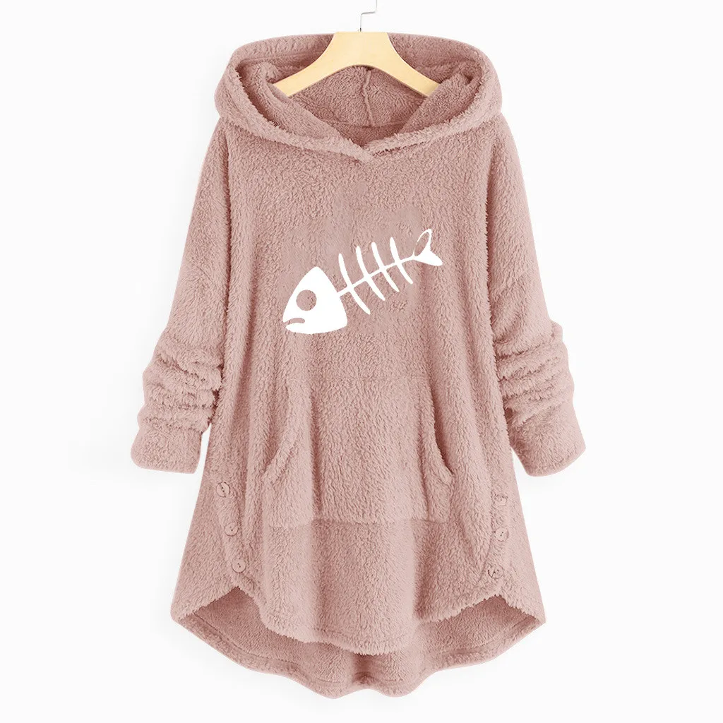 Женское длинное худи с принтом кошки теплая толстовка из флиса карманами и