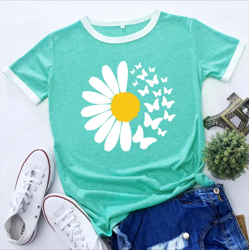 

Daisy Butterfly Print T Shirts Women Summer 2021 Fashion White Patchwork Short Sleeve Funny Flower Graphic Tees Casual Tops