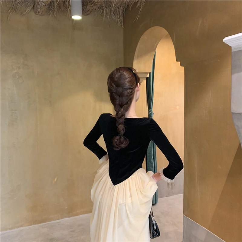 RICININA длинное платье Wome Elegnat квадратный воротник пэчворк сетка черный бархат
