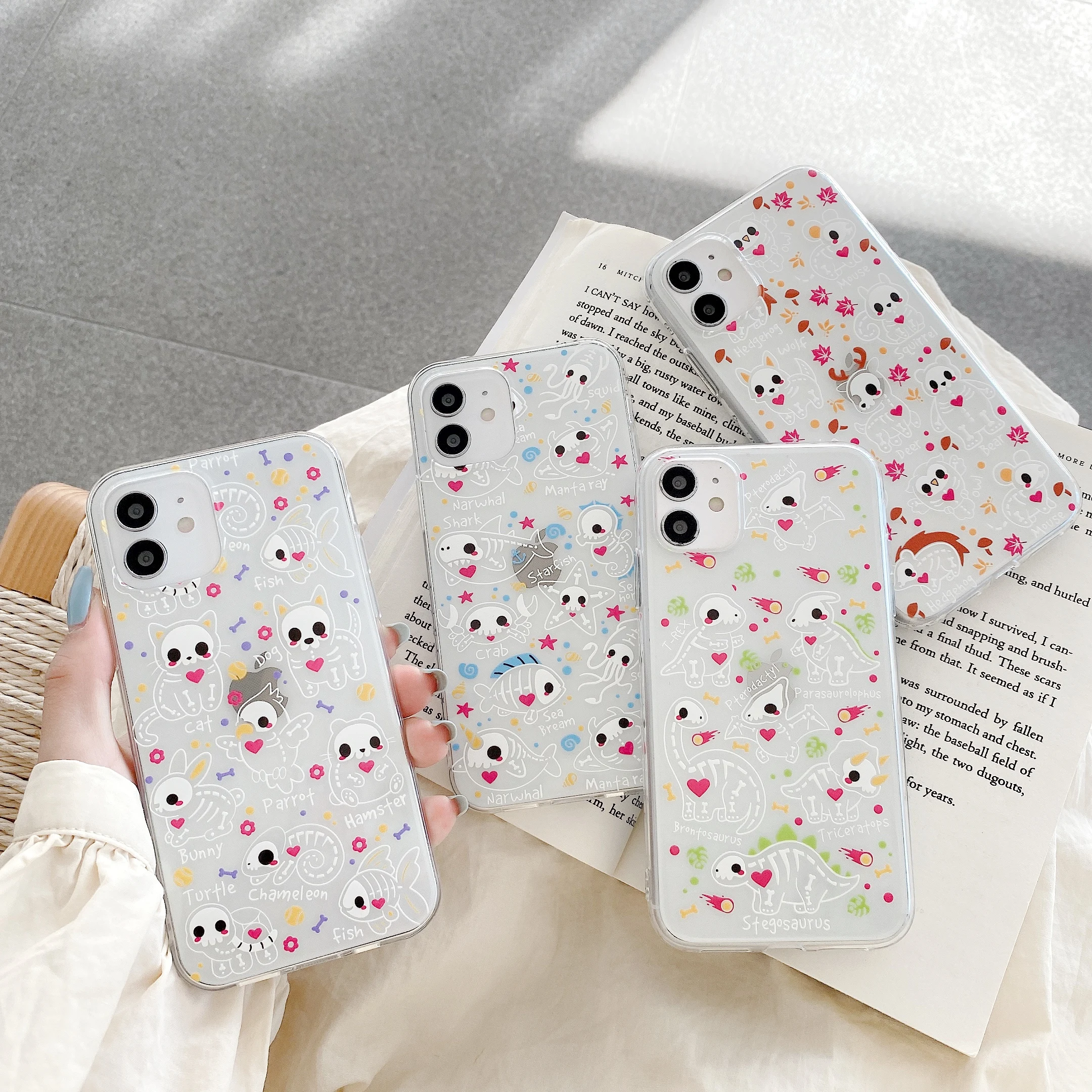Animal Dinosaur Pet Skeletons Phone Case For iPhone 7 8 Plus XS 12 Mini 11 Pro Max X XR Autumn Leaves Clear Soft TPU Back Cover