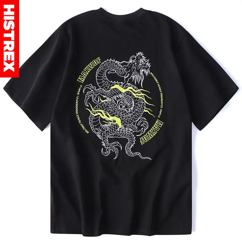 Histrex вышивка китайский дракон для мужчин футболка одежда с круглым вырезом в