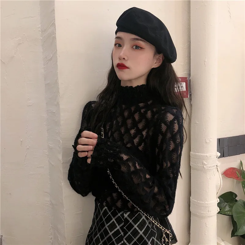 

autumn winter Basic sexy hollow out women blouses perspective fashion brand ulzzang shirts turtleneck club tops Female new
