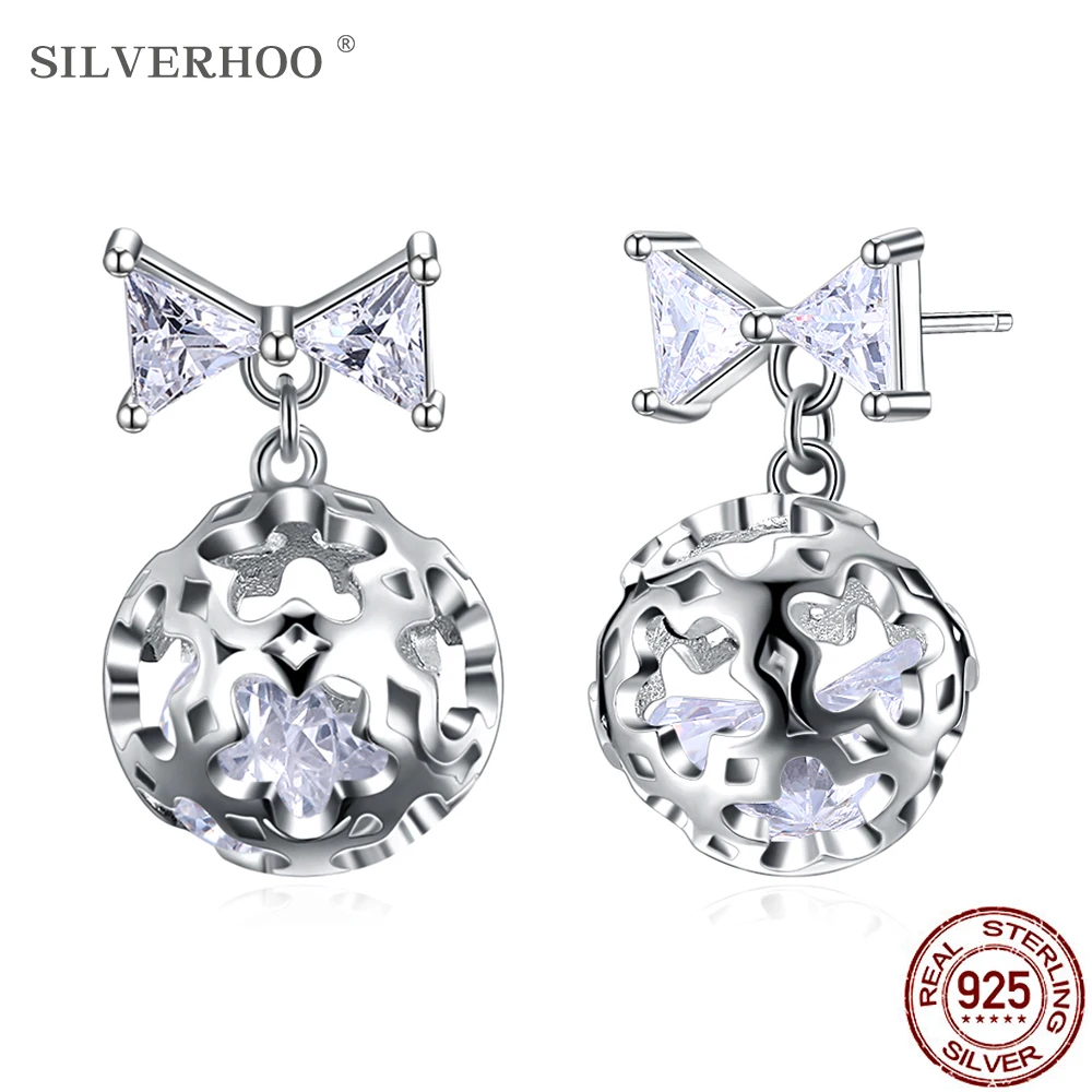 

SILVERHOO Sterling Silver 925 Jewelry Cute Bowknot Earrings For Women Creative Ball Hollow Design 5A Cubic Zirconia Drop Earring