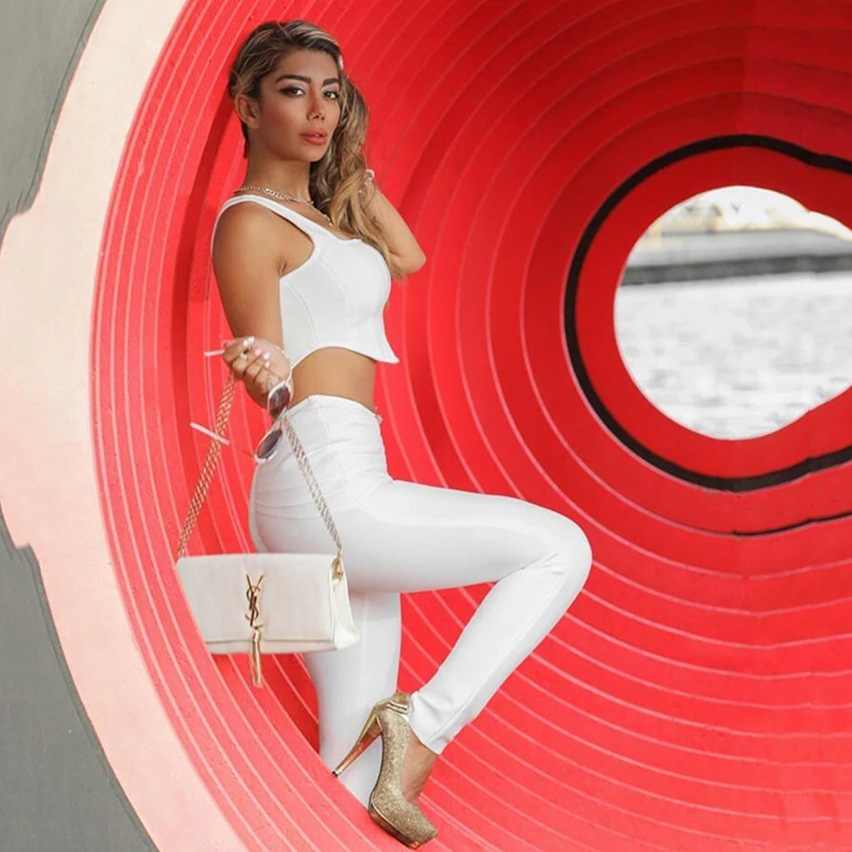 Женский обтягивающий костюм однотонный топ и брюки-карандаш с высокой талией