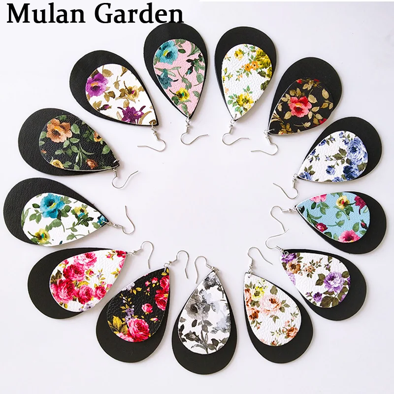

M&G 14 Patterns PU Leather Alloy Earring New Personality Colourful Flower Water Drop Pendant Earring Women Jewelry Accessories