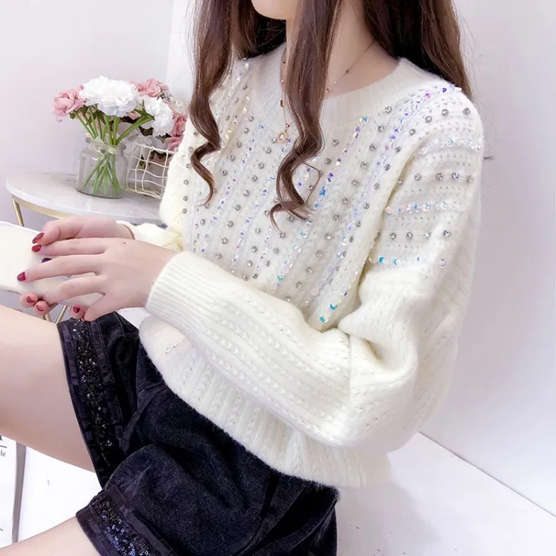 

Euro O-Neck Womens Pullover Sweaters Autumn Winter New Brand Casual New Long Sleeve Diamonds Sequins Female Loose Fit Sweaters